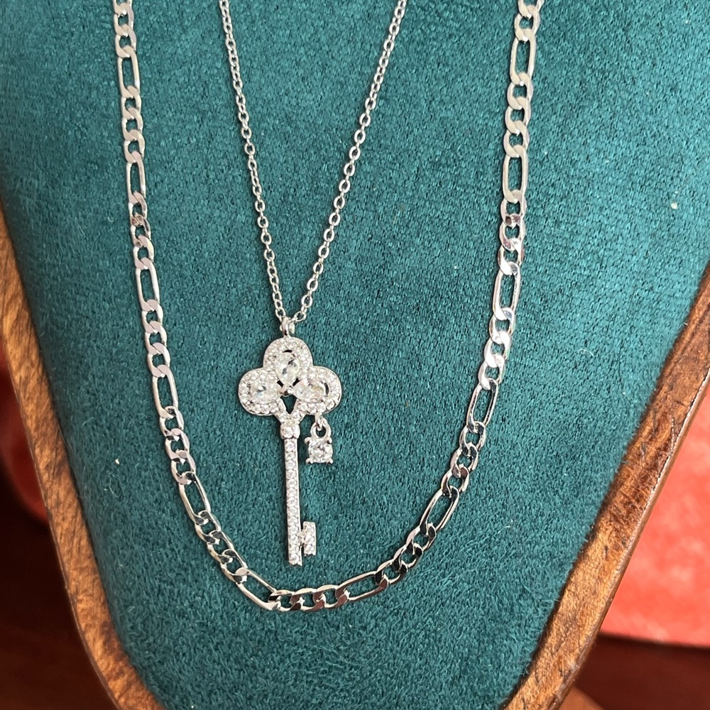 Silver CZ Diamond Key Pendant Necklace w/ Figaro Chain & Status Earrings